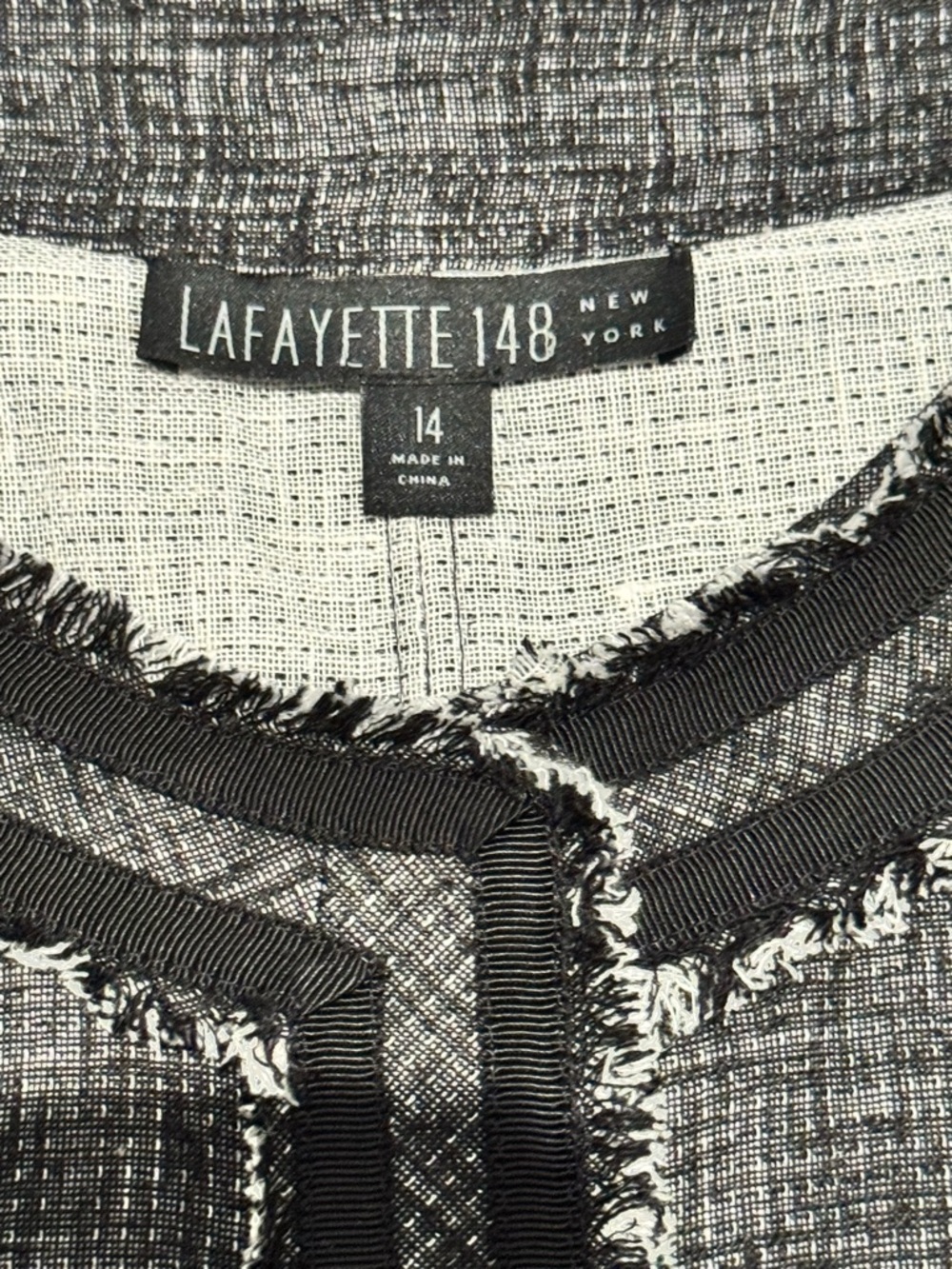 Lafayette 148 Jacket Black Collarless Fringe Linen 14 - Picture 8 of 10